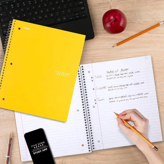 Alt view image 7 of 7 - Five Star Spiral Notebook + Study App, 1 Subject, Wide Ruled Paper, 8" x 10.5", 100 Sheets, Fights Ink Bleed, Water Resistant Cover, Vivid Yellow (930010CJ1)