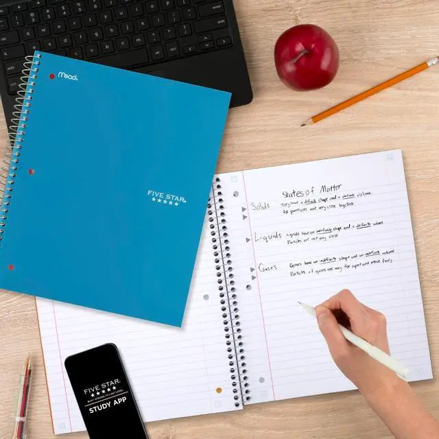 Alt view image 7 of 7 - Five Star Spiral Notebook + Study App, 1 Subject, Wide Ruled Paper, 8" x 10-1/2", 100 Sheets, Fights Ink Bleed, Water Resistant Cover, Tidewater Blue (72875)