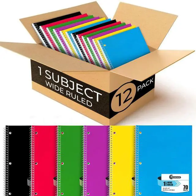 Main image of Rosmonde Spiral Notebooks, 12 Pack, 1 Subject Notebook, Wide Ruled, 70 Sheets, 8 x 10-1/2", 3 Hole Punched, School Supplies, Bulk Single Subject Spiral Notebook Bulk, Assorted Colors Pack of Notebooks