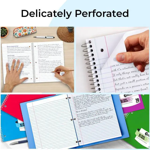 Alt view image 4 of 7 - Rosmonde Spiral Notebooks, 12 Pack, 1 Subject Notebook, Wide Ruled, 70 Sheets, 8 x 10-1/2", 3 Hole Punched, School Supplies, Bulk Single Subject Spiral Notebook Bulk, Assorted Colors Pack of Notebooks