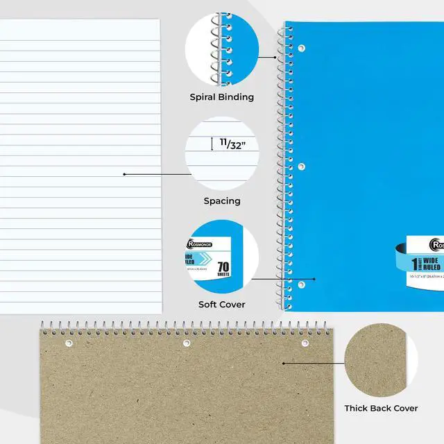 Alt view image 5 of 7 - Rosmonde Spiral Notebooks, 12 Pack, 1 Subject Notebook, Wide Ruled, 70 Sheets, 8 x 10-1/2", 3 Hole Punched, School Supplies, Bulk Single Subject Spiral Notebook Bulk, Assorted Colors Pack of Notebooks