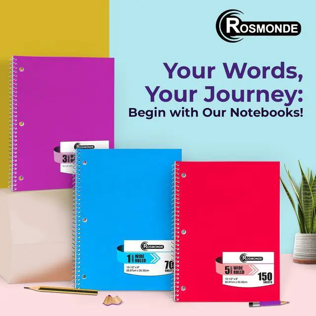 Alt view image 7 of 7 - Rosmonde Spiral Notebooks, 12 Pack, 1 Subject Notebook, Wide Ruled, 70 Sheets, 8 x 10-1/2", 3 Hole Punched, School Supplies, Bulk Single Subject Spiral Notebook Bulk, Assorted Colors Pack of Notebooks