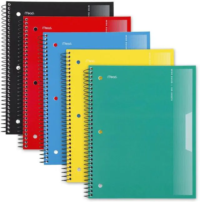 Main image of Mead Spiral Notebooks, 1 Subject, Wide Ruled Paper, 8" x 10-1/2", 100 Sheets, Assorted Colors, 5 Pack (930093)