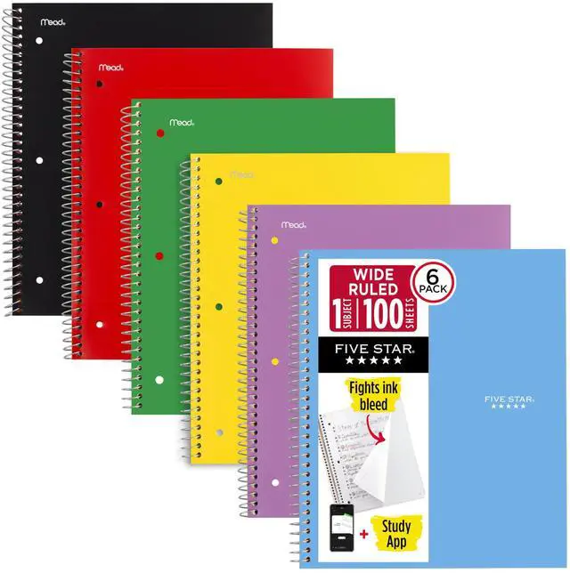 Main image of Five Star Spiral Notebook + Study App, 6 Pack, 1 Subject, Wide Ruled Paper, 8" x 10-1/2", 100 Sheets, Fights Ink Bleed, Water Resistant Cover, Assorted Colors (38042)