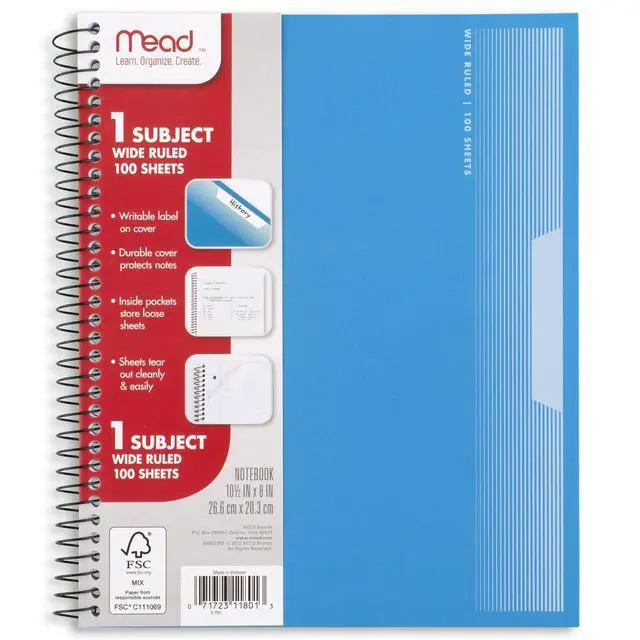Alt view image 7 of 7 - Mead Spiral Notebooks, 1 Subject, Wide Ruled Paper, 8" x 10-1/2", 100 Sheets, Assorted Colors, 5 Pack (930093)