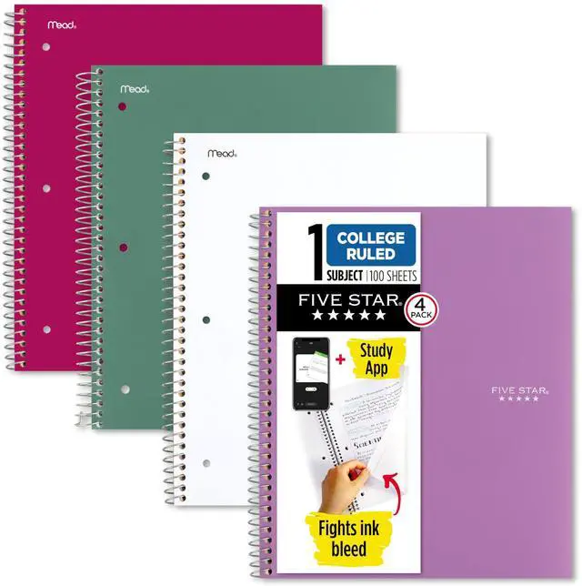 Main image of Five Star Spiral Notebook + Study App, 100 Sheets, 1 Subject, College Ruled Paper, Fights Ink Bleed, Water Resistant Cover, 820337-ECM, Purple, Pink, White & Green, 8-1/2" x 11", 4 Pack