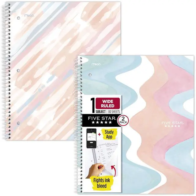 Main image of Five Star Spiral Notebook + Study App, 2 Pack, 1 Subject, Wide Ruled, 8" x 10-1/2", 80 Sheets, Fights Ink Bleed, Water Resistant Cover, Pastel Waves and Brush Strokes (930210F-ECM)