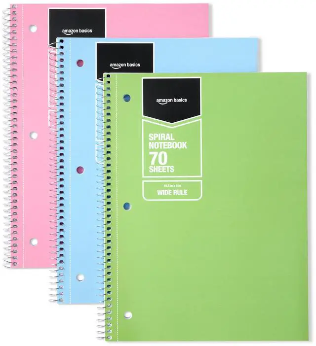 Main image of Amazon Basics Wide Ruled Spiral Notebook, For Work and School, 70 Sheets, 8" x 10.5", 3 pack, Assorted Pastel Solid Colors