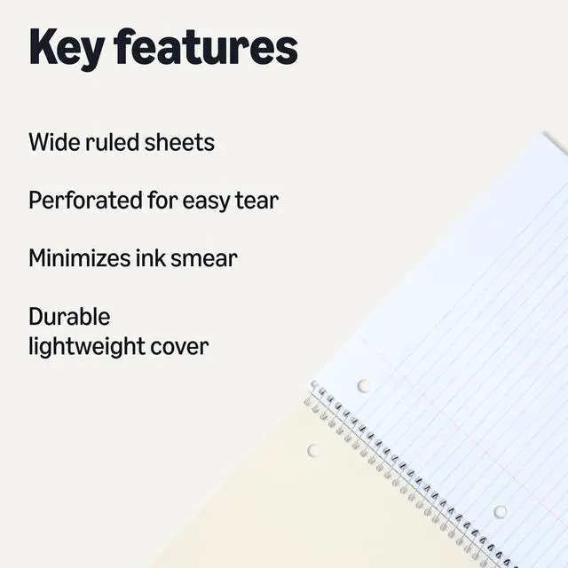 Alt view image 2 of 5 - Amazon Basics Wide Ruled Spiral Notebook, For Work and School, 70 Sheets, 8" x 10.5", 3 pack, Assorted Pastel Solid Colors