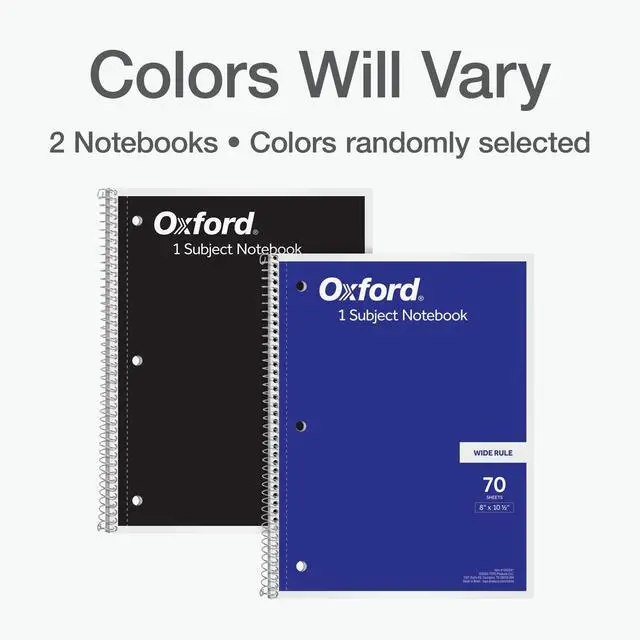 Alt view image 7 of 7 - Oxford Spiral Notebooks, 2 Pack, 1 Subject, Wide Ruled Notebooks for School, 8 x 10.5 Inches, 70 Sheets, Assorted Colors, Back to School Supplies (1002539)