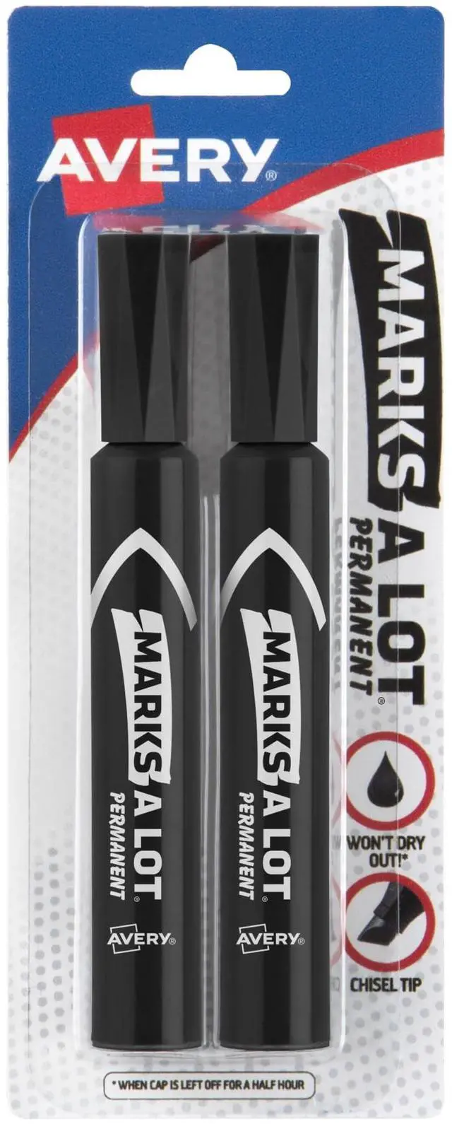 Main image of Avery Marks-A-Lot Permanent Markers, Regular Desk-Style Size, Chisel Tip, Water and Wear Resistant, 2 Black Markers (07902)
