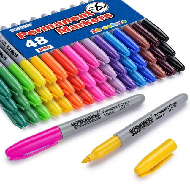 Main image of TOMPEN Permanent Markers,Fine Tip,48 Pack Bulk,16 Assorted Colors,Waterproof Permanent Marker Pens with Quick Drying on Wood,Plastic,Paper,Metal,Mirror for Christmas Gift Drawing Writing Poster