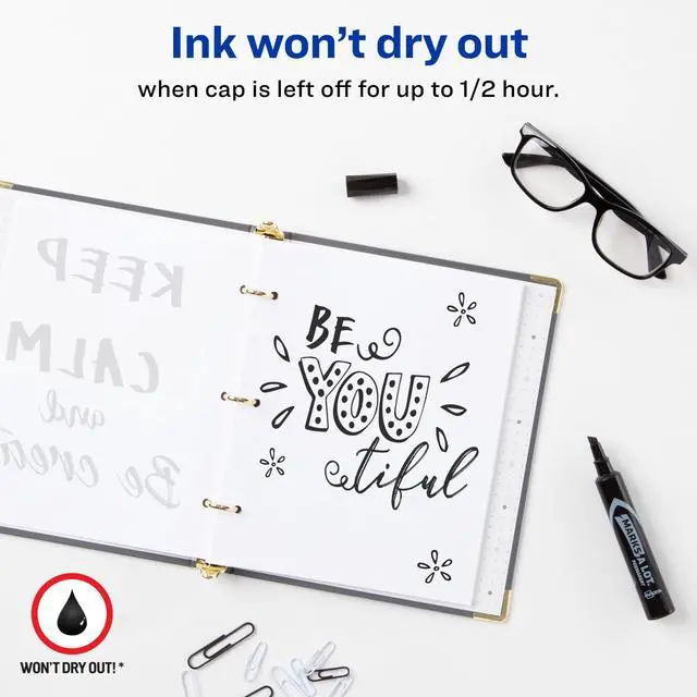 Alt view image 2 of 7 - Avery Marks-A-Lot Permanent Markers, Regular Desk-Style Size, Chisel Tip, Water and Wear Resistant, 2 Black Markers (07902)