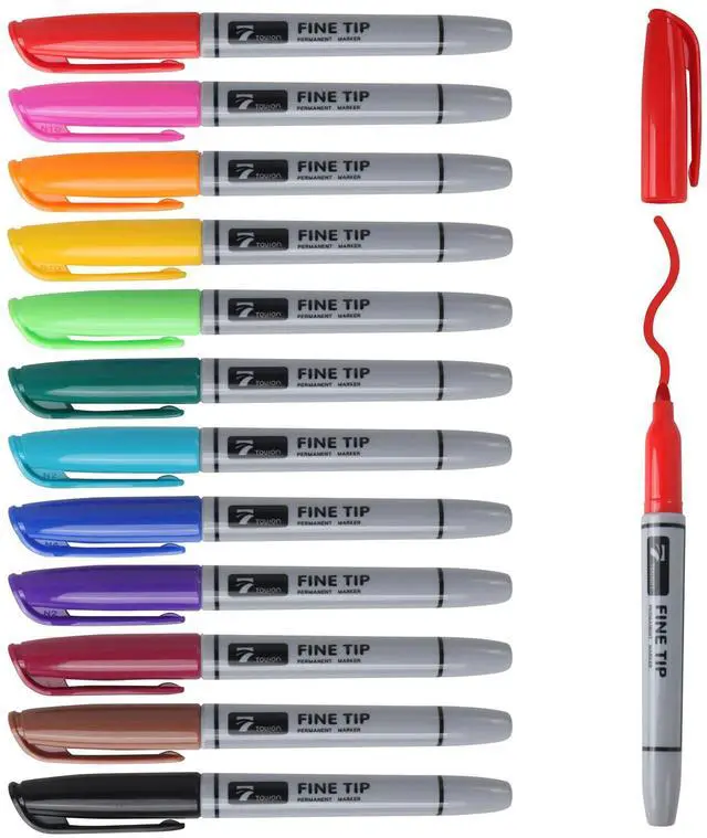 Main image of TOWON 12 Permanent Markers - Assorted Colors Drawing Marker Pens Set, Waterproof Quick Drying Fine Tip Colored Artists Markers for Adults Coloring
