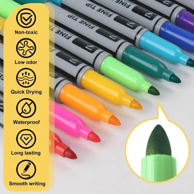 Alt view image 2 of 7 - TOWON 12 Permanent Markers - Assorted Colors Drawing Marker Pens Set, Waterproof Quick Drying Fine Tip Colored Artists Markers for Adults Coloring