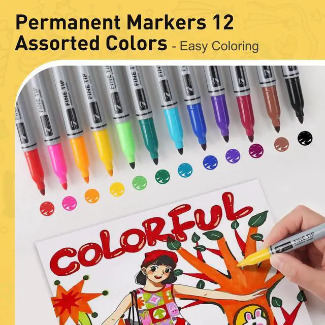 Alt view image 3 of 7 - TOWON 12 Permanent Markers - Assorted Colors Drawing Marker Pens Set, Waterproof Quick Drying Fine Tip Colored Artists Markers for Adults Coloring