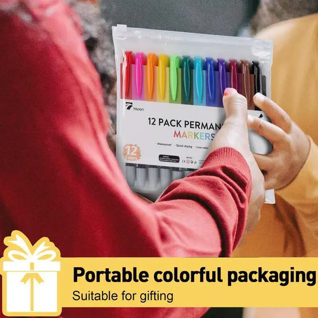 Alt view image 7 of 7 - TOWON 12 Permanent Markers - Assorted Colors Drawing Marker Pens Set, Waterproof Quick Drying Fine Tip Colored Artists Markers for Adults Coloring