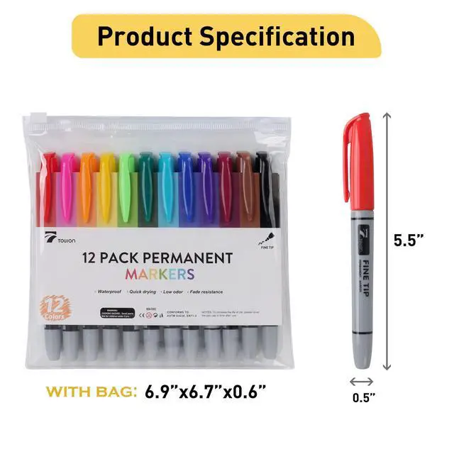 Alt view image 6 of 7 - TOWON 12 Permanent Markers - Assorted Colors Drawing Marker Pens Set, Waterproof Quick Drying Fine Tip Colored Artists Markers for Adults Coloring