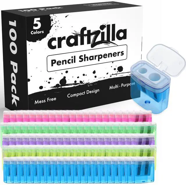 Main image of Craftzilla Pencil Sharpener 100 Pack, Manual Pencil Sharpeners Bulk, Handheld Dual Hole with Lid for Kids and Classroom, School Office Supplies