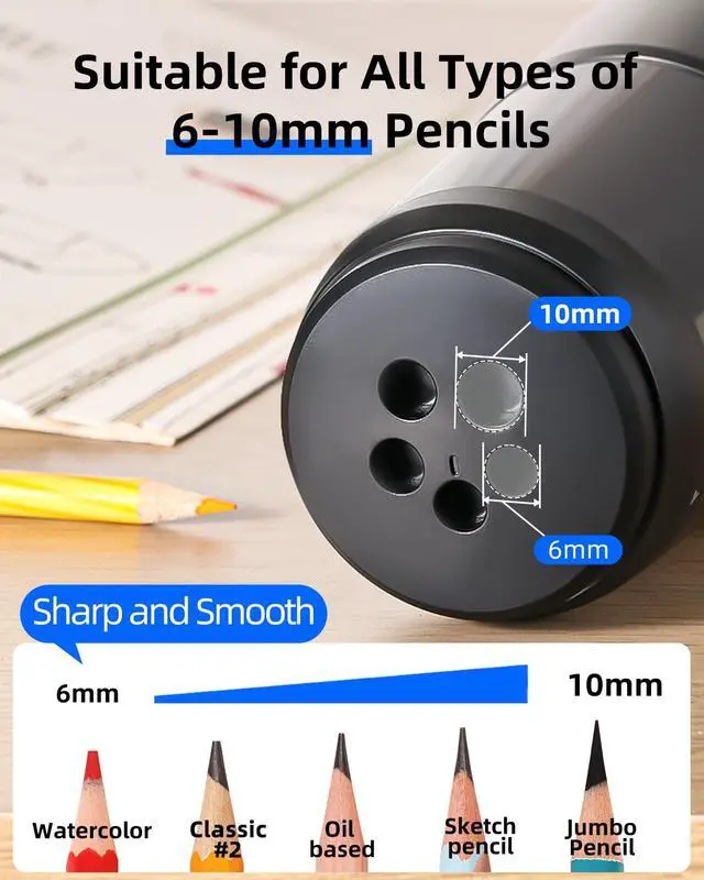 Alt view image 2 of 7 - ZMOL Electric Pencil Sharpener with Helical Blade, Auto Stop, 5-Speed Adjustment for No.2 & Colored Pencils (6-10mm), AC Adapter/USC/Battery Powered for Classroom, Office, Home Use