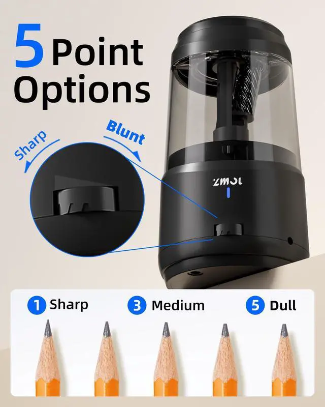 Alt view image 3 of 7 - ZMOL Electric Pencil Sharpener with Helical Blade, Auto Stop, 5-Speed Adjustment for No.2 & Colored Pencils (6-10mm), AC Adapter/USC/Battery Powered for Classroom, Office, Home Use