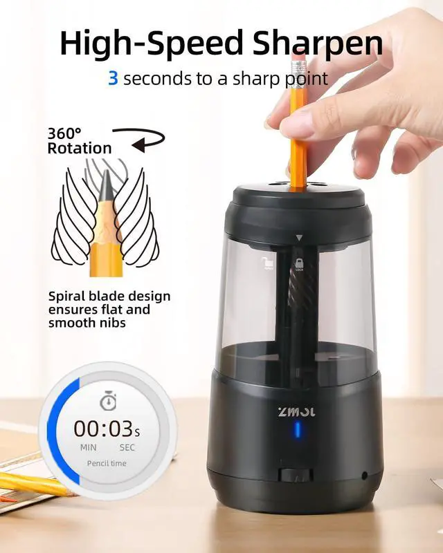 Alt view image 4 of 7 - ZMOL Electric Pencil Sharpener with Helical Blade, Auto Stop, 5-Speed Adjustment for No.2 & Colored Pencils (6-10mm), AC Adapter/USC/Battery Powered for Classroom, Office, Home Use