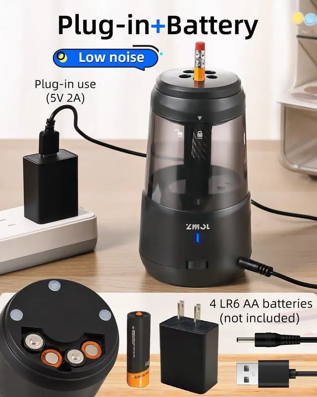 Alt view image 6 of 7 - ZMOL Electric Pencil Sharpener with Helical Blade, Auto Stop, 5-Speed Adjustment for No.2 & Colored Pencils (6-10mm), AC Adapter/USC/Battery Powered for Classroom, Office, Home Use