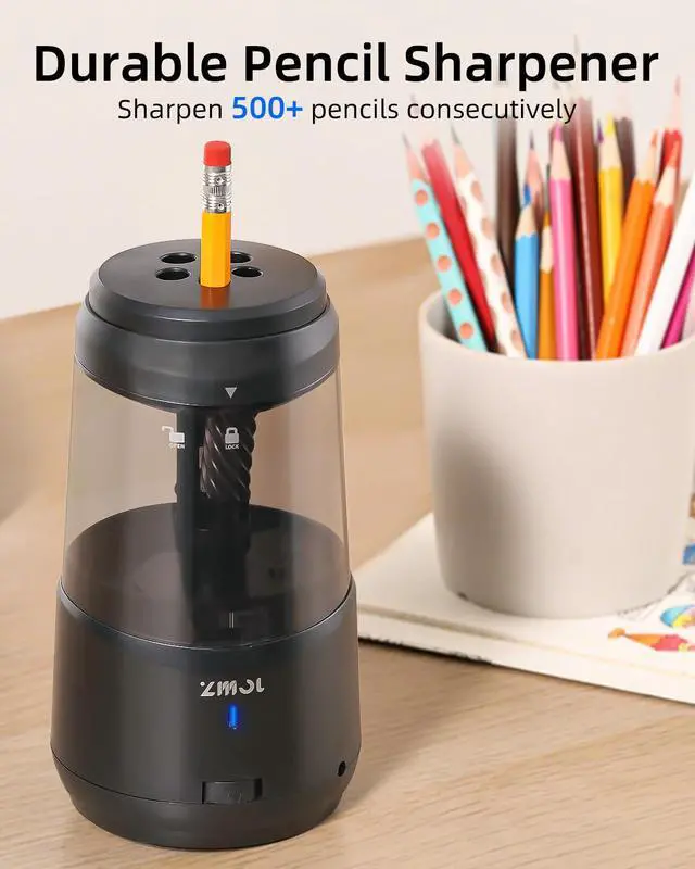 Alt view image 7 of 7 - ZMOL Electric Pencil Sharpener with Helical Blade, Auto Stop, 5-Speed Adjustment for No.2 & Colored Pencils (6-10mm), AC Adapter/USC/Battery Powered for Classroom, Office, Home Use