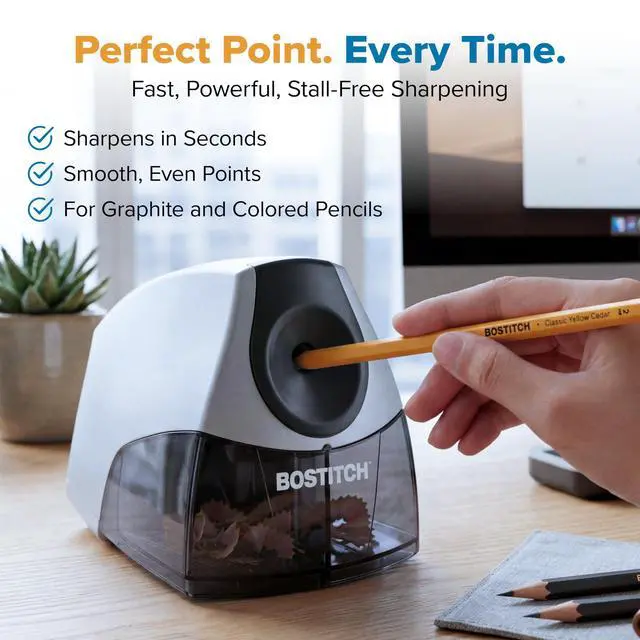 Alt view image 4 of 6 - Bostitch Office Electric Pencil Sharpener for Classroom & Desk Use, Heavy-Duty Stall-Free Motor, High-Capacity Shavings Tray, Silver