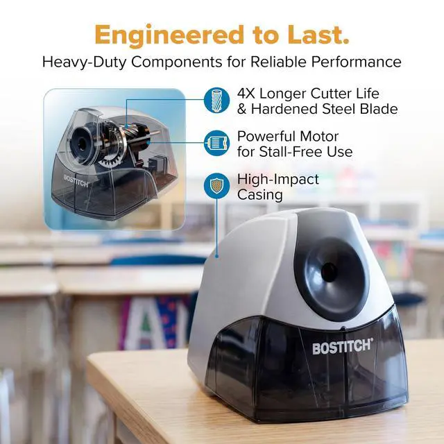 Alt view image 5 of 6 - Bostitch Office Electric Pencil Sharpener for Classroom & Desk Use, Heavy-Duty Stall-Free Motor, High-Capacity Shavings Tray, Silver