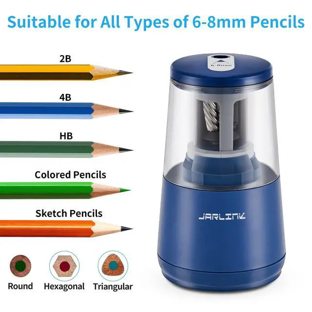 Alt view image 4 of 7 - JARLINK Electric Pencil Sharpener, Heavy-Duty Helical Blade to Fast Sharpen, Auto Stop for No.2/Colored Pencils(6-8mm), AC Adapter/Battery Operated in School Classroom/Office/Home (Blue)