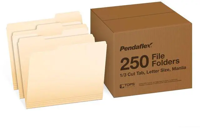 Main image of Pendaflex File Folders, 250-Pack, Letter Size, Manila, 1/3-Cut Tabs, Premium Paper Folders for File Cabinets, Home, Office & Classroom Document Organization, 3-Tab Letter File Folders