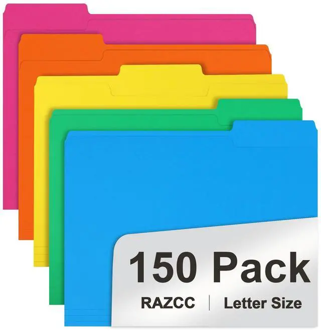 Main image of File Folder, RAZCC 150 Pack 1/3 Cut Tab Colored File Folders, File Folder Letter Size for Office Classroom Use, Assorted 5 Colors Folders with Tabs