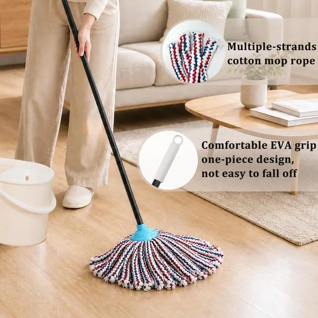 Alt view image 2 of 7 - Indoor Cotton Mops for Floor Cleaning, 52" Long Handle Cotton Mop, Cleaning Mops for Tiles and Hardwood Floor, Household Mop for Kitchen, Bathroom, Garage, Tile & Hardwood FloorsRed Blue White