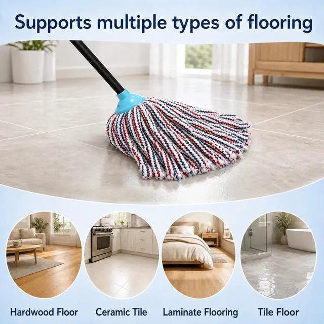 Alt view image 4 of 7 - Indoor Cotton Mops for Floor Cleaning, 52" Long Handle Cotton Mop, Cleaning Mops for Tiles and Hardwood Floor, Household Mop for Kitchen, Bathroom, Garage, Tile & Hardwood FloorsRed Blue White