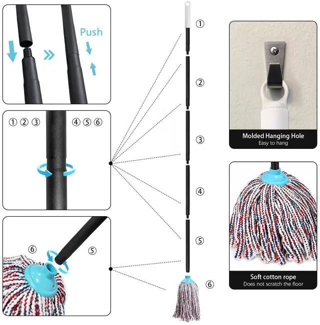 Alt view image 6 of 7 - Indoor Cotton Mops for Floor Cleaning, 52" Long Handle Cotton Mop, Cleaning Mops for Tiles and Hardwood Floor, Household Mop for Kitchen, Bathroom, Garage, Tile & Hardwood FloorsRed Blue White