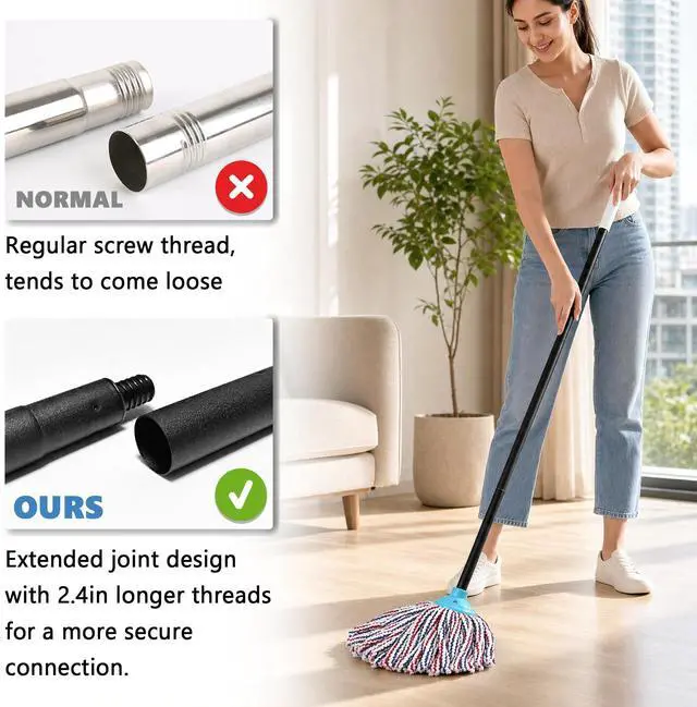 Alt view image 5 of 7 - Indoor Cotton Mops for Floor Cleaning, 52" Long Handle Cotton Mop, Cleaning Mops for Tiles and Hardwood Floor, Household Mop for Kitchen, Bathroom, Garage, Tile & Hardwood FloorsRed Blue White