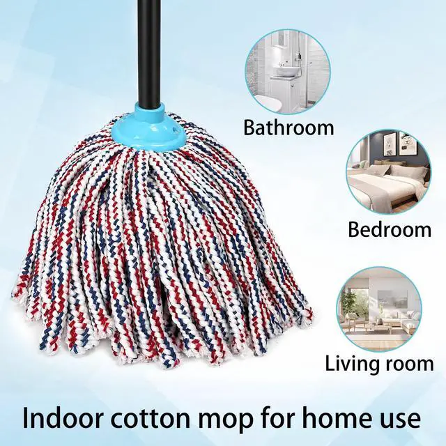 Alt view image 3 of 7 - Indoor Cotton Mops for Floor Cleaning, 52" Long Handle Cotton Mop, Cleaning Mops for Tiles and Hardwood Floor, Household Mop for Kitchen, Bathroom, Garage, Tile & Hardwood FloorsRed Blue White