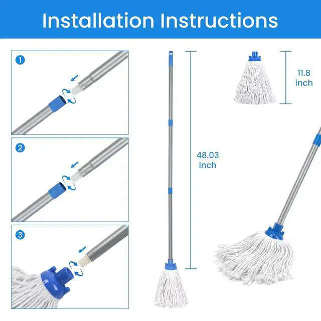 Alt view image 2 of 6 - Indoor Mop for Floor Cleaning, Lightweight Cotton Mop with 2 Washable Heads