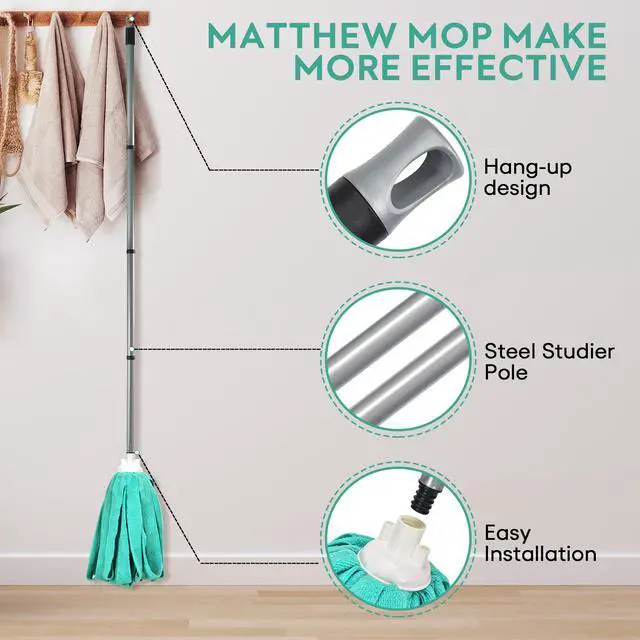 Alt view image 6 of 7 - Matthew Microfiber Cloth Mop Compatible with Ceda Microfiber Cloth Mop Refill Commercial Replacement 54" Stainless Steel Handle with 2 Wet Mop Heads w/1 Handle Incl.2Pcs Microfiber Towels-Green