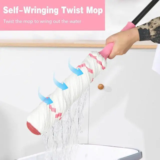 Alt view image 3 of 6 - XXFLOWER Self-Wringing Twist Mop for Floor Cleaning, 57 Long Handle Heavy Duty Microfiber Mop for Wet Mopping on Tile, Hardwood, Kitchen, Bathroom, Patio, Garage, Commercial Household Clean (Pink)