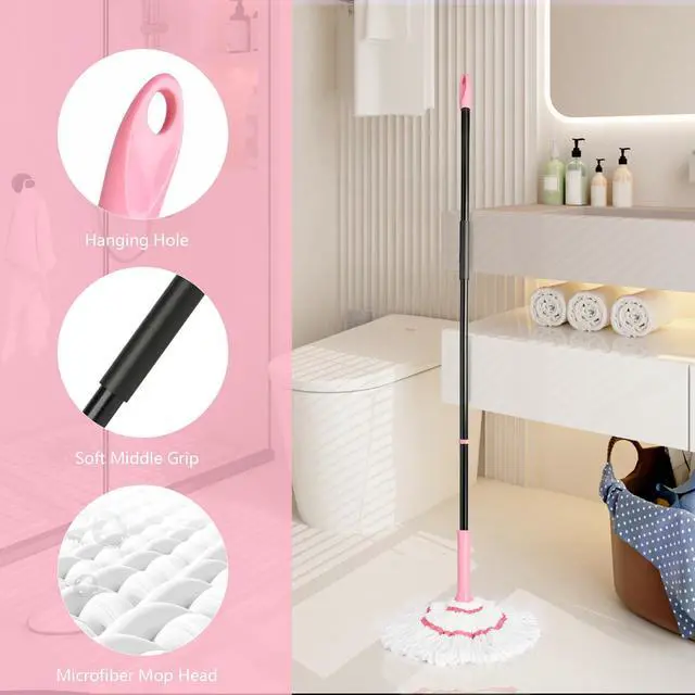 Alt view image 4 of 6 - XXFLOWER Self-Wringing Twist Mop for Floor Cleaning, 57 Long Handle Heavy Duty Microfiber Mop for Wet Mopping on Tile, Hardwood, Kitchen, Bathroom, Patio, Garage, Commercial Household Clean (Pink)