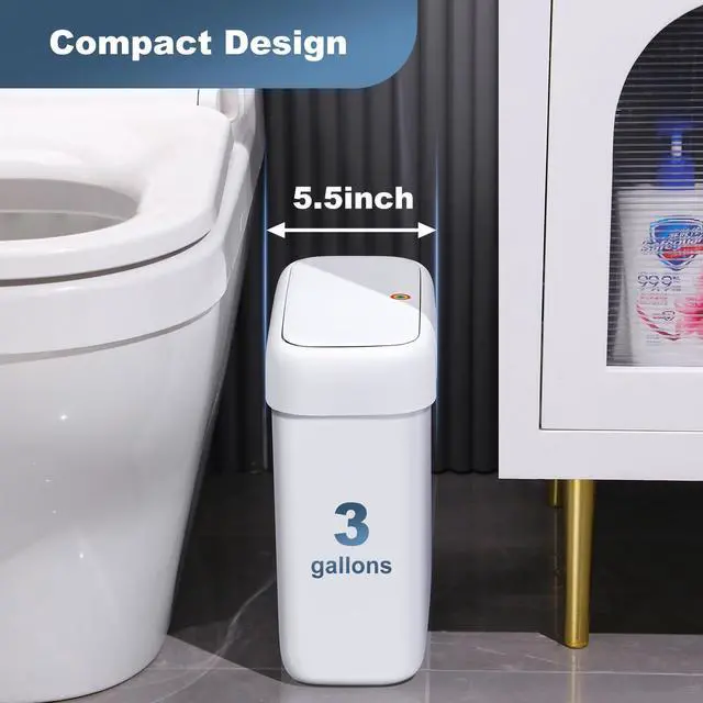 Alt view image 2 of 6 - JOYBOS Bathroom Trash Can with Lid, 3 Gallon Small Garbage Can, 10L Dogproof Slim Plastic Narrow Trash Bin with Pop-up Lid for Toilet, Office, Bedroom, Living Room, White