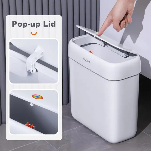Alt view image 4 of 6 - JOYBOS Bathroom Trash Can with Lid, 3 Gallon Small Garbage Can, 10L Dogproof Slim Plastic Narrow Trash Bin with Pop-up Lid for Toilet, Office, Bedroom, Living Room, White