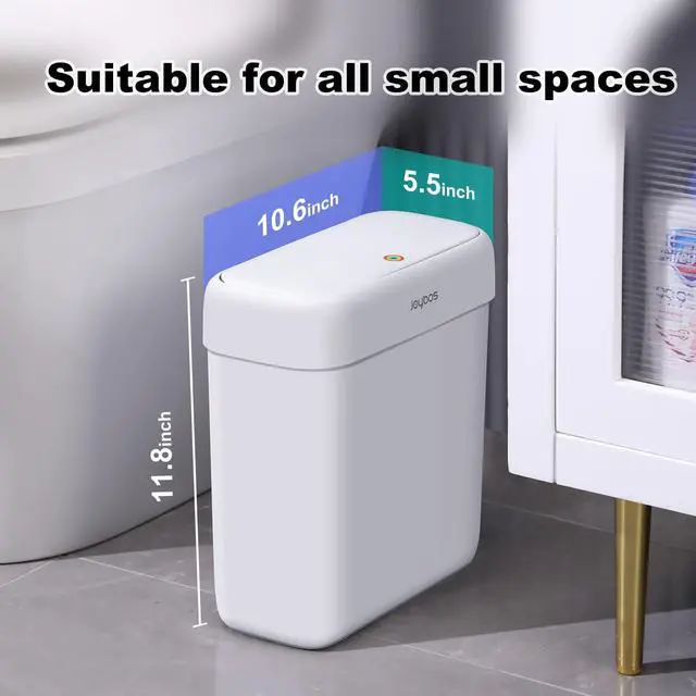 Alt view image 6 of 6 - JOYBOS Bathroom Trash Can with Lid, 3 Gallon Small Garbage Can, 10L Dogproof Slim Plastic Narrow Trash Bin with Pop-up Lid for Toilet, Office, Bedroom, Living Room, White