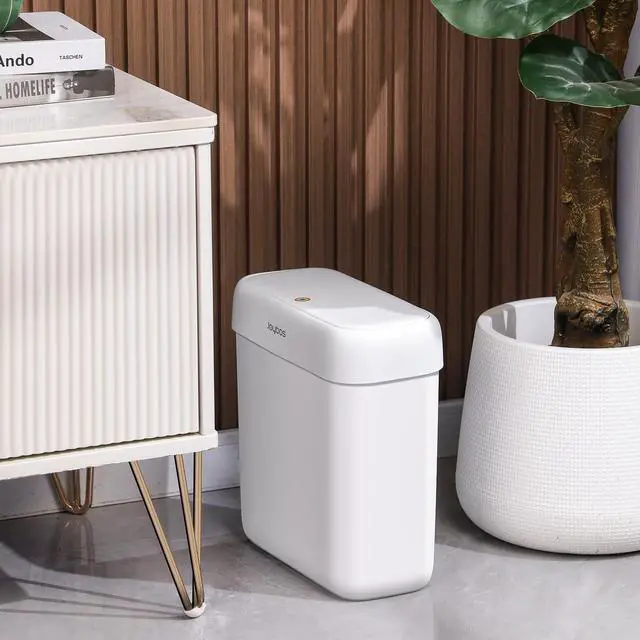 Alt view image 5 of 6 - JOYBOS Bathroom Trash Can with Lid, 3 Gallon Small Garbage Can, 10L Dogproof Slim Plastic Narrow Trash Bin with Pop-up Lid for Toilet, Office, Bedroom, Living Room, White
