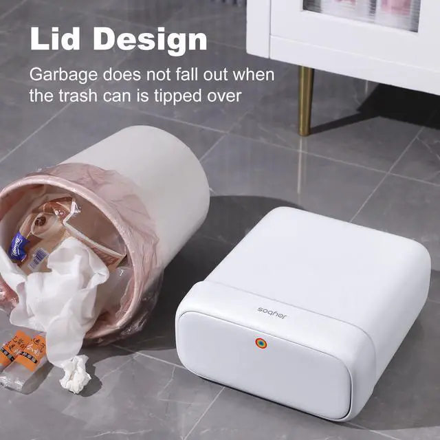 Alt view image 3 of 6 - JOYBOS Bathroom Trash Can with Lid, 3 Gallon Small Garbage Can, 10L Dogproof Slim Plastic Narrow Trash Bin with Pop-up Lid for Toilet, Office, Bedroom, Living Room, White