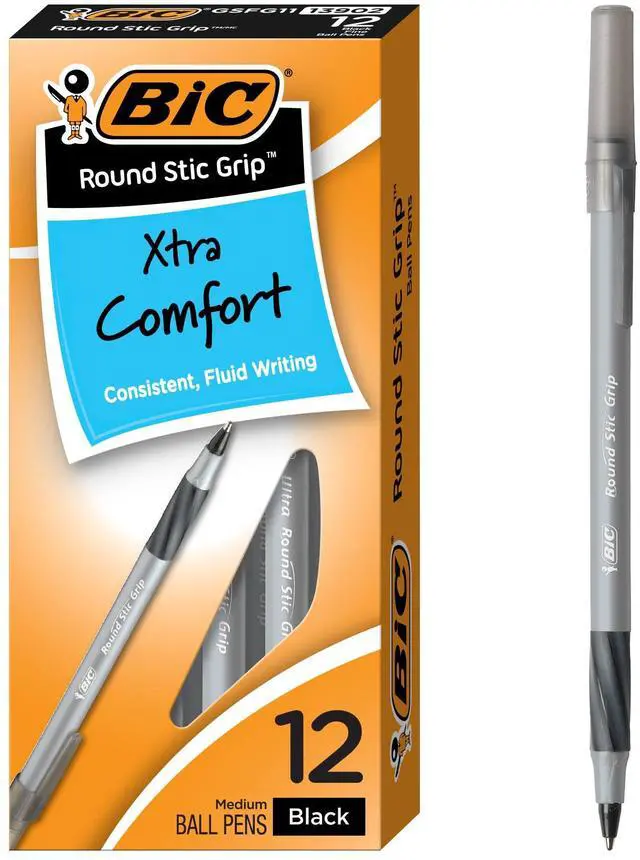 Main image of BIC Round Stic Grip Xtra Comfort Black Ballpoint Pens, Medium Point (1.2mm), 12-Count Pack, Perfect Writing Pens With Soft Grip for Superb Comfort and Control