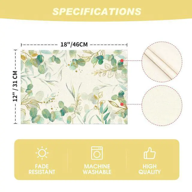 Alt view image 6 of 7 - Artoid Mode Eucalyptus Summer Placemats for Dining Table, 12 x 18 Inch Spring Seasonal Holiday Decoration Rustic Vintage Washable Table Mats Set of 4 Beige