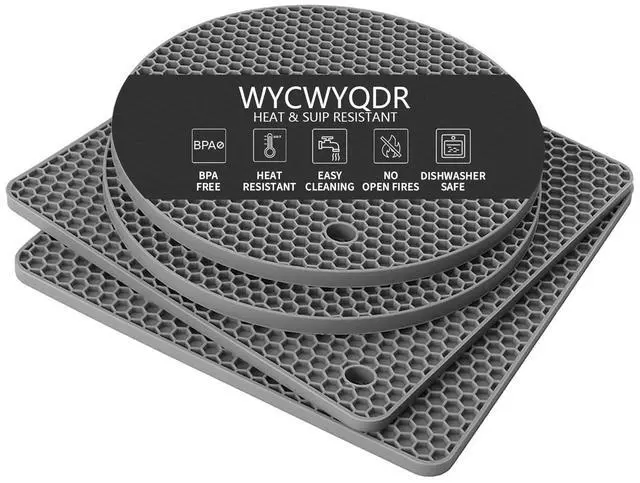 Main image of WYCWYQDR Silicone Trivet Mats, 4 Pack Trivets for Hot Dishes and Pans, Heat Resistant Non-Slip Trivet for Kitchen Countertop, Easy to Clean(Gray)